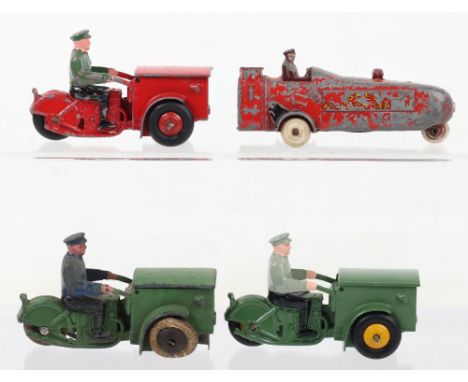 Three Dinky Toys 14z Triporteur Three Wheel Delivery Cycle, French issue green body blue driver, white Dunlop rear tyre, Fren