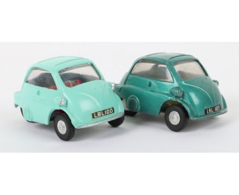 Two Unboxed Tri-ang Spot On Models 118 BMW Isetta Bubble Cars, turquoise body, red seats, silver steering wheel, in near mint