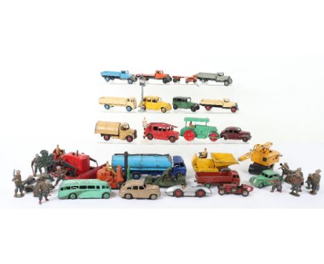 Quantity Of Playworn Dinky Toys, including: 14c Fork Lift Truck,2 x 25a wagons,25c flat truck with trailer, 25e tipping wagon