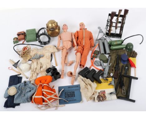 A good Quantity of Vintage Action Man Dolls, Clothes and Accessories, including 2 x painted head dolls, some limbs loose/brok