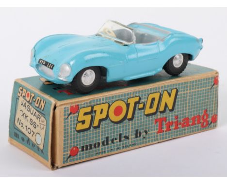 Tri-ang Spot On Model 107 Jaguar XKSS Sky blue body, light grey interior/hood, cream steering wheel, in excellent to near min