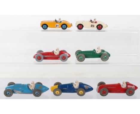 Seven Unboxed Dinky Toys Racing/Competition Cars, 23f Alfa Romeo, red/white,23g Cooper-Bristol, green/white, 23h Ferrari, blu