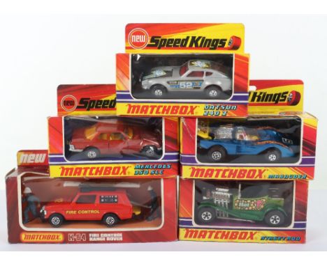 Five Boxed Matchbox Speedkings, including,K-45 Marauder Racing Car,K-48 Mercedes 350 SLC,  K-50 Street Rod,K-52 Datsun 240Z a