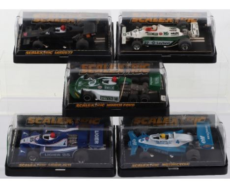 Five Boxed Scalextric Formula 1 Racing Cars Slot Cars, circa 1970’s C.126 Lotus 77, C.131 March Ford,C137 Ligier JS 11,  C.13