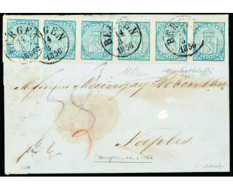 First issue 4 s. blue horizontal string of six on letter  of the 14th March 1856 from Bergen to Naples - Extremely rare and w