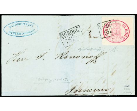 First issue 10 k. rose on letter of the 17th April 1858 from Wiborg - Fine margins Signature Giulio Bolaffi, A.G.Bolaffi and 