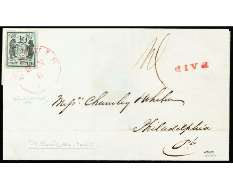 Saint Louis - First issue 10 c. black on greenish grey paper on letter of the 5th January 1846 to Philadelphia - One of the b