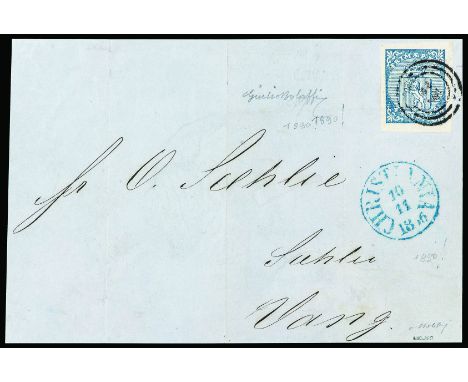 First issue 4 s. on letter front from Christiania to Vang Signature Giulio Bolaffi and A.G.Bolaffi   1855 - Prima emissione 4