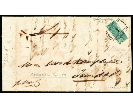 First issue 2 p. vertically bisected for the 1 p. postage on letter  of the 5th September 1854 to Trinidad Certificate Bolaff