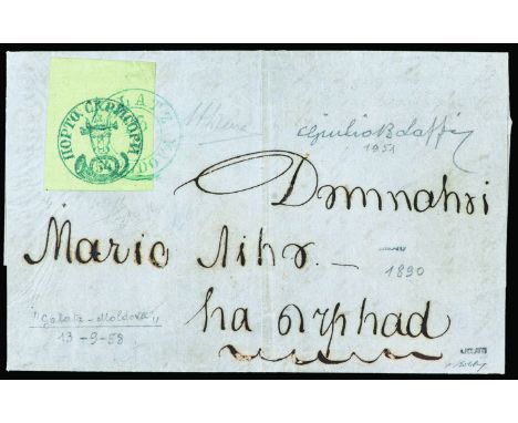 First issue 54 p. blue on green paper on upper sheet margin on letter  of the 13th September from Galatz - Rare and extraordi