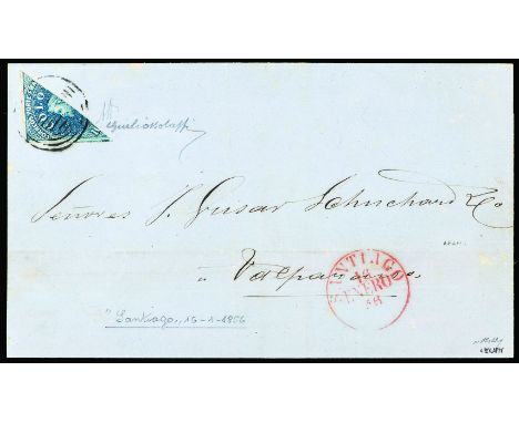 First issue 10 c. bright blue diagonally half bisected for the 5 c. postage on letter of the 16th January 1856 from Santiago 