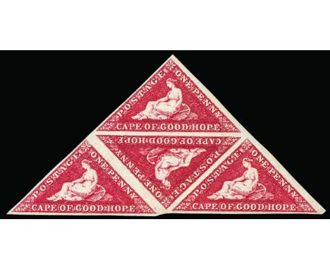 1 p. carmine De La Rue string of four with row gutter after the first copy - Very fresh Signature G. Bolaffi   1855 - 1 p. ca