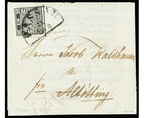 First issue 1 k. black on circular letter of the 19th February to Passau  1849 - Prima emissione 1 k. nero su circolare del 1