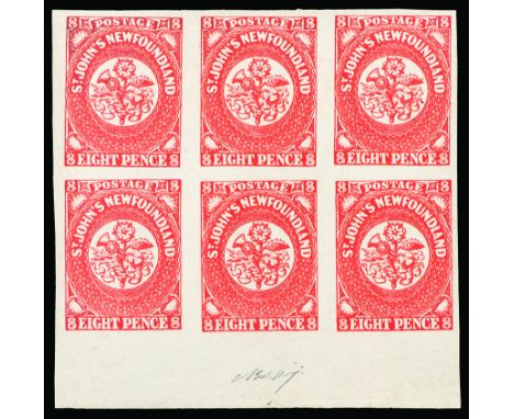 First issue 8 p. vermilion horizontal block of  six copies lower sheet corner - Superb and rare - Trace of hinge on the margi