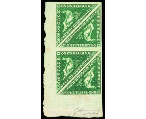 First issue 1 s. dark green on white paper string of four Signature G.Bolaffi and A.D.   1858 - Prima emissione 1 s. verde sc