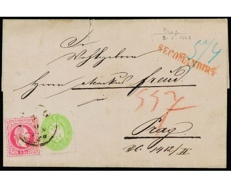 Fifth issue 3 ik. green in mixed franking with VIth issue 5k. red II type on registered letter of the 2nd June 1868 from Prag