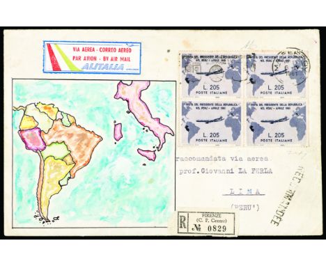  1961 - Gronchi Rosa 205 L. - L’aerogramma con blocco di quattro ricoperto e timbro di arrivo a Lima - Molto raro - Uniti due