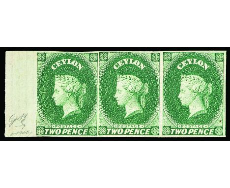 First issue 2 p. dark green horizontal string of three left sheet margin Certificate Bolaffi and Diena 1857 - Prima emissione