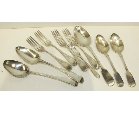 Three 19th century silver tablespoons, two dessert spoons, various dates, four sterling silver forks by Bailey, Banks & Biddl