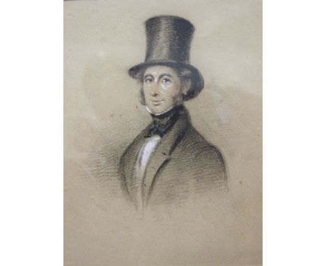 19th century Irish School HALF-LENGTH PORTRAIT OF NOBLE JOHNSON OF ROCKINGHAM, COUNTY CORK, WEARING A TALL TOP HAT, JACKET AN