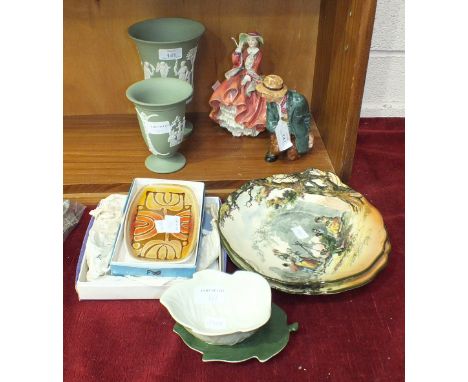A Royal Doulton figurine 'Top O' The Hill' HN1834, a Royal Doulton figurine 'The Poacher' HN2043, a Poole Pottery Aegean shap