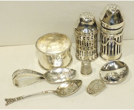 Two silver pierced pepper pots, a silver napkin ring, a baby's feeder spoon and other small silver, ___4oz.