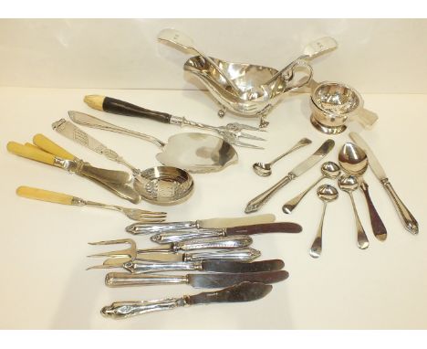 A horn-handled silver-mounted salad fork and other plated ware.