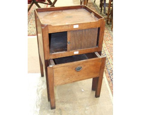 A mahogany tray-top commode with tambour door, 52cm wide.