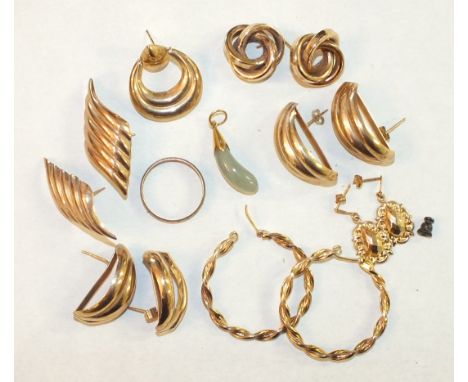 Four pairs of 9ct gold earrings, two unmarked pairs of earrings, a 9ct gold ring and other items, marked gold weight 16g.