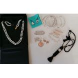 Two Tiffany silver charms; six silver bangles, filigree bracelet, pendant and chain, two pairs of ea