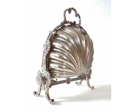 A Victorian silver plated biscuit box with scallop shell design by J. Dixon &amp; Sons, patent no: 11.350, button lock, 27 cm