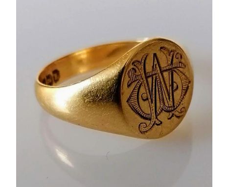 A George V gold signet ring, initialled and inscribed, size R, hallmarked 18ct, 6g