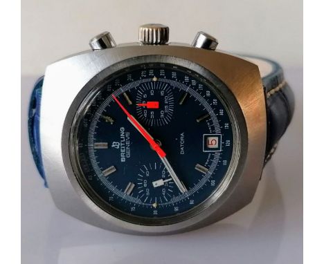 A Breitling Datora Chronograph 34 manual wristwatch, early 1970's, with stainless steel case, serial no. 1409255, signed blue