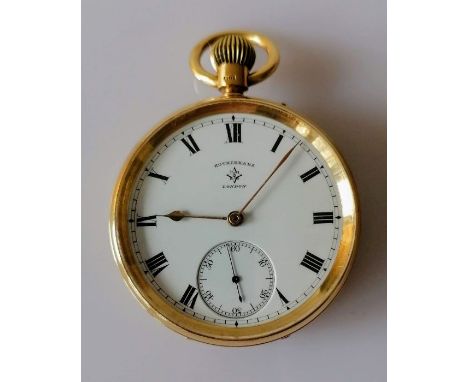 An Edwardian open-faced stem-wind gold-cased pocket watch with white enamel dial signed Rotherhams, London, black Roman numer