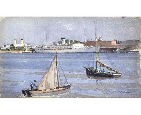 Norman Wilkinson, Southampton Water, watercolour, signed lower right, 11 x 19cm   
