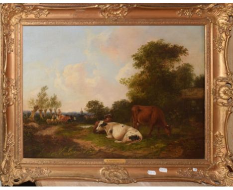 R Benedict, Landscape with cattle and figure, oil on canvas, indistinctly signed lower right, 43 x 59cm