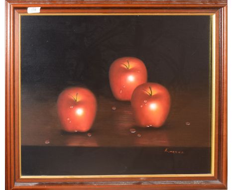 K Mason, Apples, oil on canvas, signed lower right, 50 x 60cm   