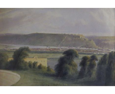 J T R, "Ehrenbreistein Castle and Koblenz from Ford Alexander, 1842", watercolour, initialled and dated lower centre, 22 x 34