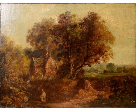 Circle of John Constable, Landscape with figure before a cottage, oil on panel, 33 x 43cm, unframed