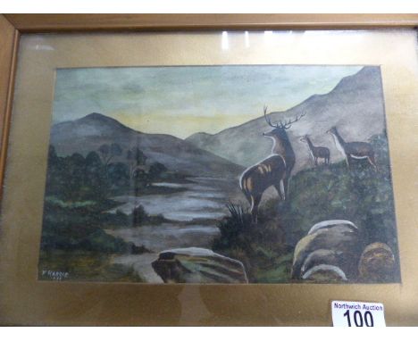 Framed and glazed F Harris watercolour, depicting Highland scene, 17 x 28cm and a hunting print