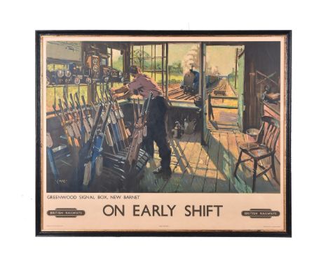 λTerence Cuneo. (1907-1996) British Railways coloured lithograph print ‘On Early Shift’ Greenwood Signal Box, New Barnet. Cir