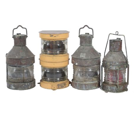 A collection of four copper ships navigation lamps. Double mask-head meteorite and ships light by W M Harvie of Birmingham.
