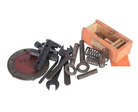 An original Gardner tool box with contents. Circa 1960. To include M4a cylinder cover, pair of engine lifting pins, three wre
