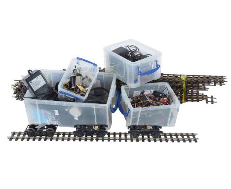 
	
		A collection of gauge 1 track and equipment, to include approximately twelve metres of bullhead track, toolbox, assorted