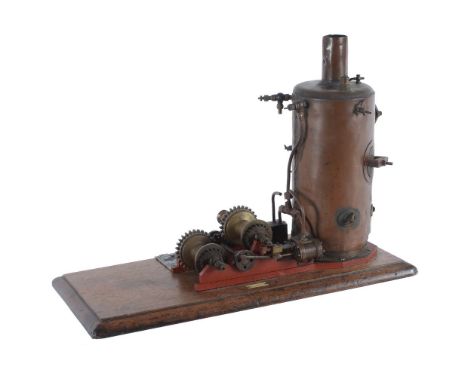 A period model of a winding engine, with drums and driven by a twin cylinder engine linked to vertical copper boiler.