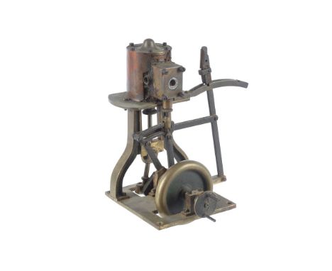A model of a live steam vertical boat engine, with single lagged cylinder, reverse gear, solid flywheel and pin drive wheel. 