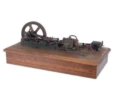 A vintage model of a live steam horizontal mill engine, having single cylinder approximately 1 1/4 inch bore by 2 3/4 inch st
