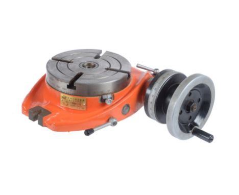 A Chester UK rotary milling table, of 16cm diameter with locking levers, cast iron base and graduated divisions and handle. B