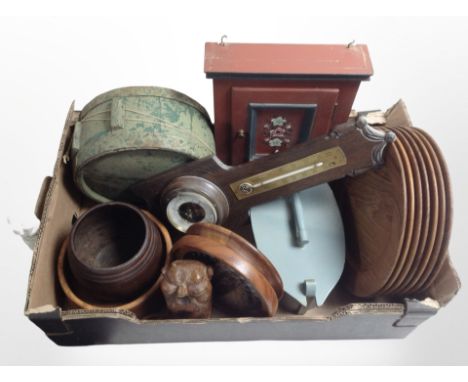 A group of continental wooden wares including teak dinner plates, miniature painted pine cabinet, barometer, bowls, etc. (1 b