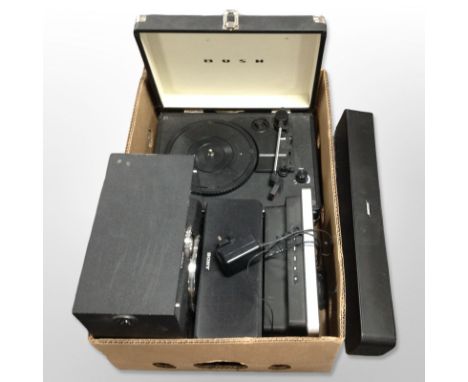 A Bose Solo 5 TV sound system, together with a Bush portable record player, Gear 4 iPod speaker, Sony speaker, etc. (1 box)